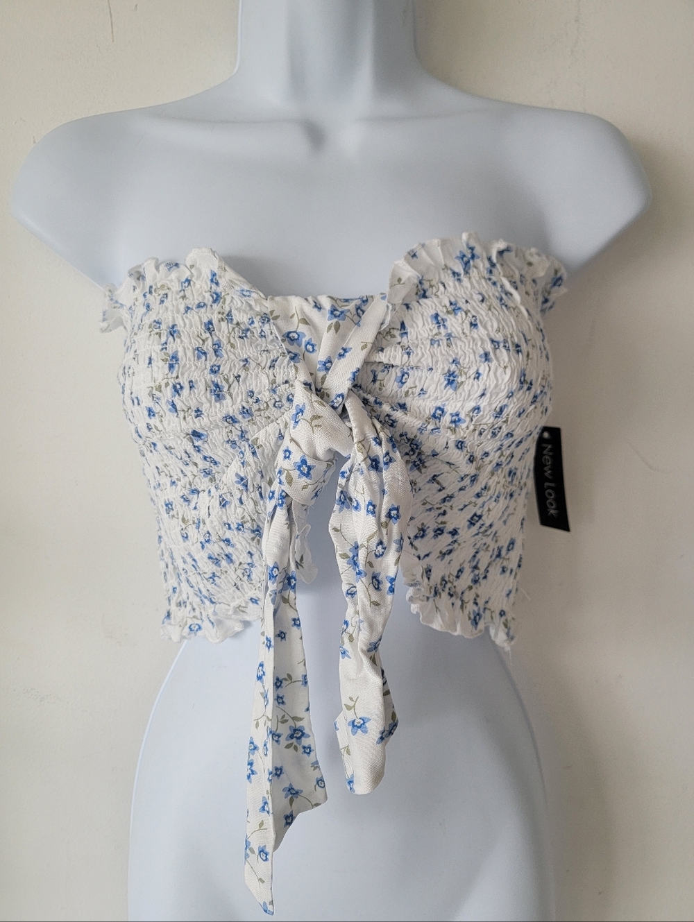 New Look White Floral Tie-Front Smocked Crop Top Siz L